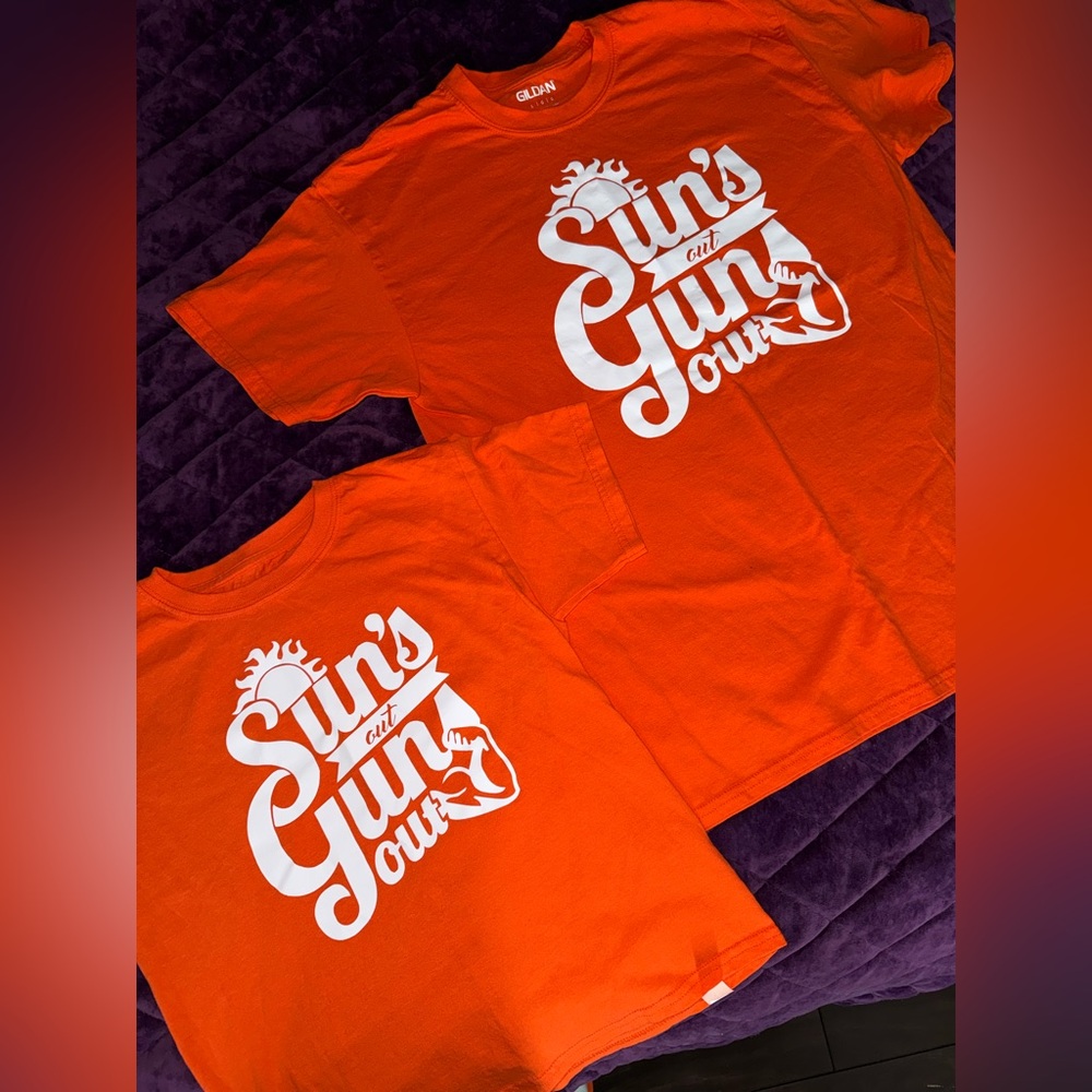 Gildan Orange Tee with White "Sun's Gun's Out" Graphic matching father son
